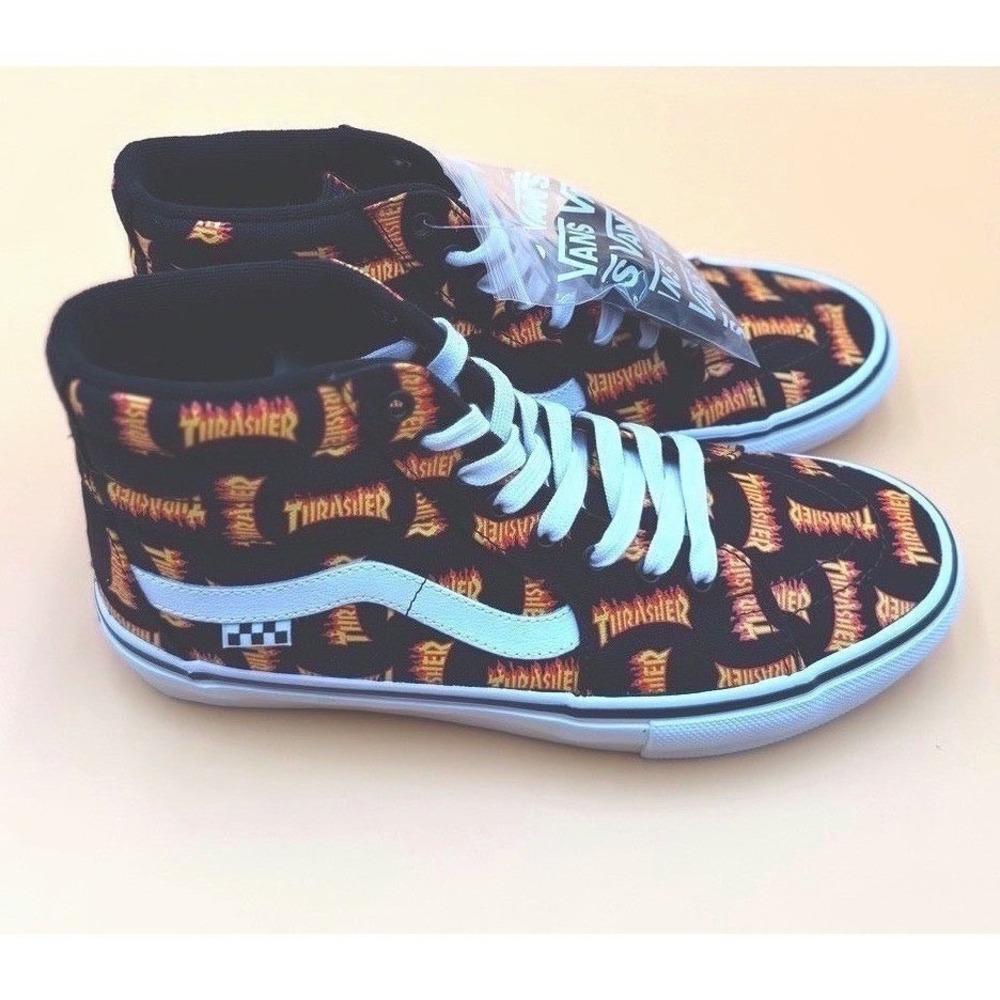Vans x Thrasher Skate Sk8-Hi PopCush Flame Logo Black Shoes Men 9.5 New